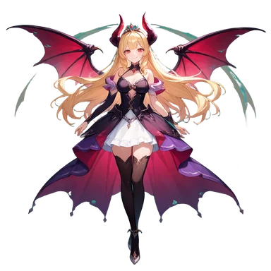 魔王姫アイリス。金髪と赤い角、黒と紫の衣装、大きな翼を持つ魔族の姫